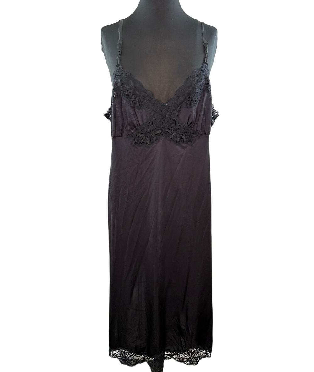VINTAGE Shadowline USA Black Slip Dress Floral Lace Satin Sweetheart Size 44